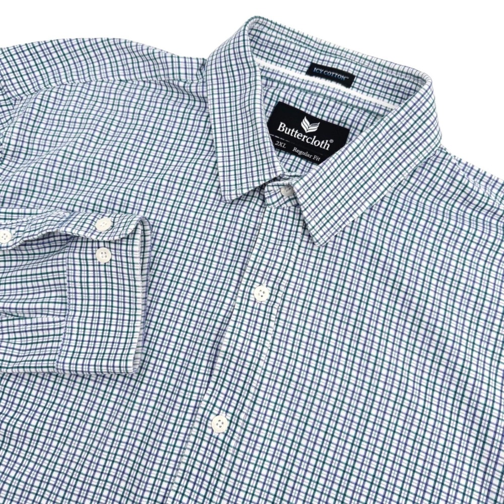 Buttercloth Shirt Mens 2XL Blue Plaid Icy Cotton Stretch Knit‎ Long Sleeve Soft